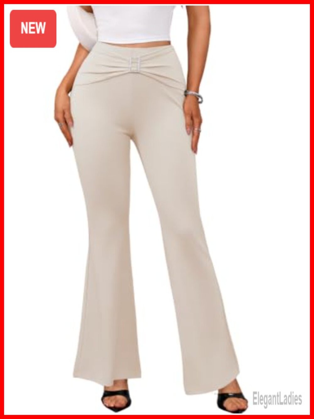 Womens Rhinestone Buckle High Waisted Flare Pants Tummy Control Ruched